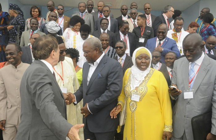 President Mahama being welcomed at the meeting in Accra by Mr Luis Ayala, Socialist International Secretary General. Picture: Gabriel Ahiabor